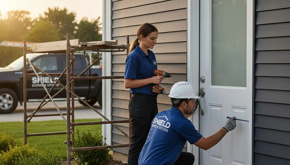 Technician repairing exterior door on Houston TX home with vinyl siding by Next Level Exteriors