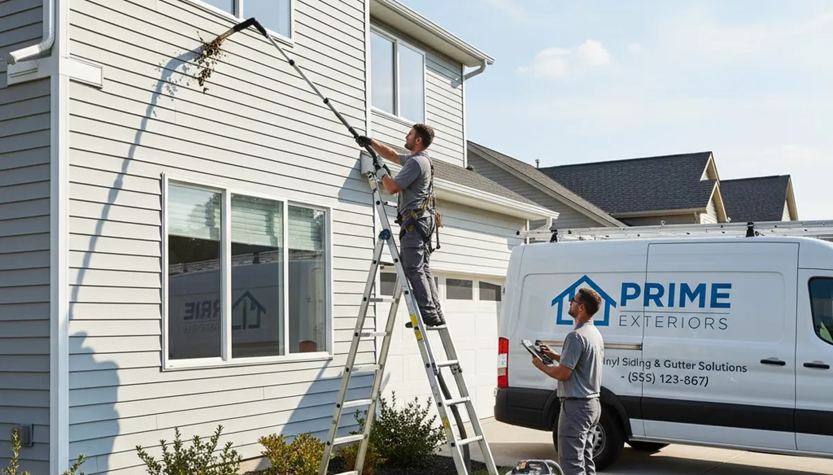 Technician cleaning residential gutters on vinyl siding home in Houston, TX
