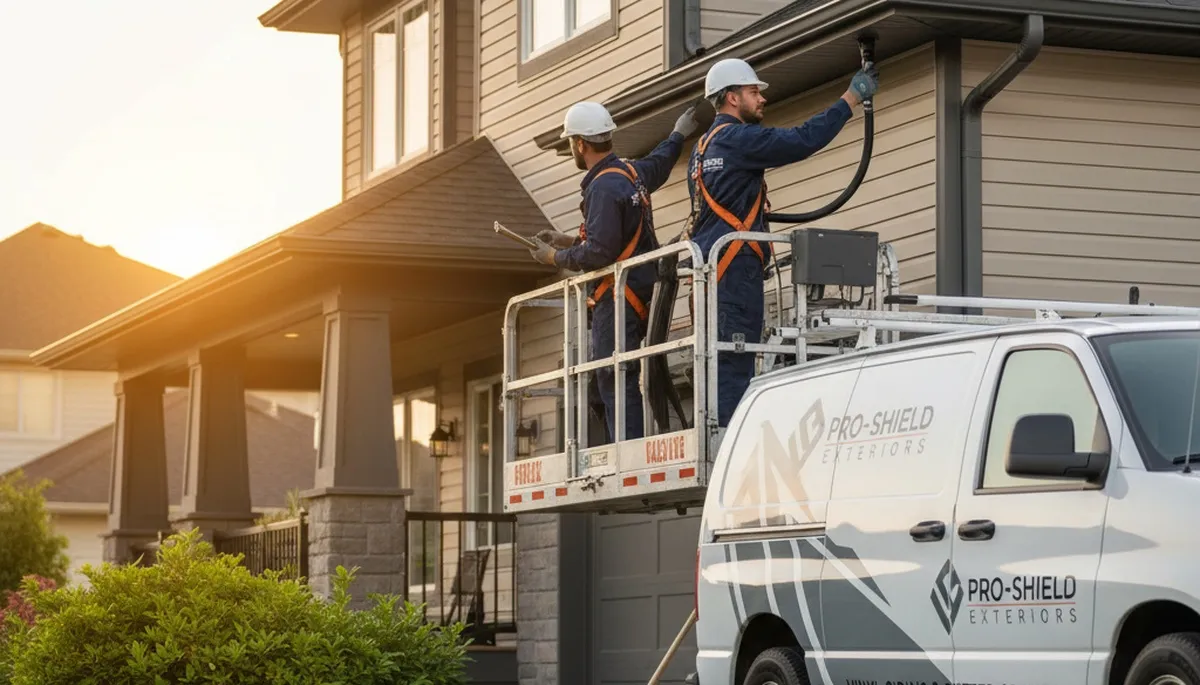 Technician performing gutter inspection on vinyl siding home in Houston, TX