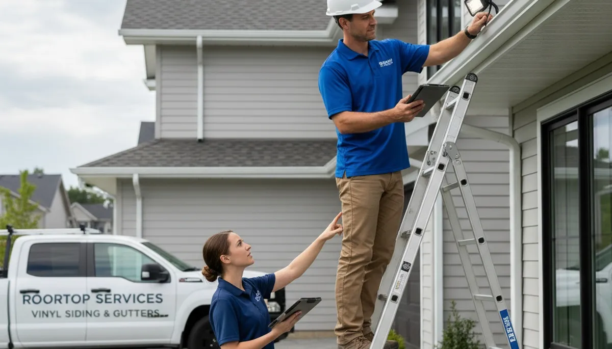 Technician performing vinyl siding and gutter inspection at Houston TX home exterior
